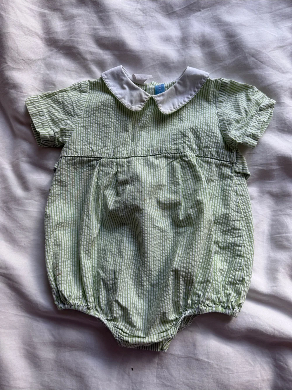 Monday's Child Green & White Striped Baby Romper with White Collar